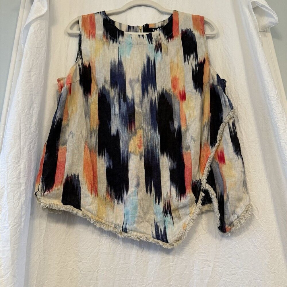 DKNY Women’s Sleeveless Linen Tank‎ Top Size Large Asymmetric Colorful Summer - Picture 4 of 12
